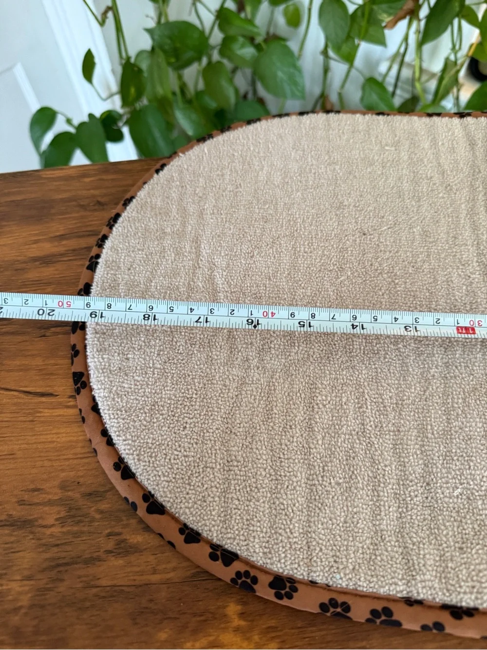 pet Bowl Mat Beige Oval Pet Door Mat with Paw-Trim